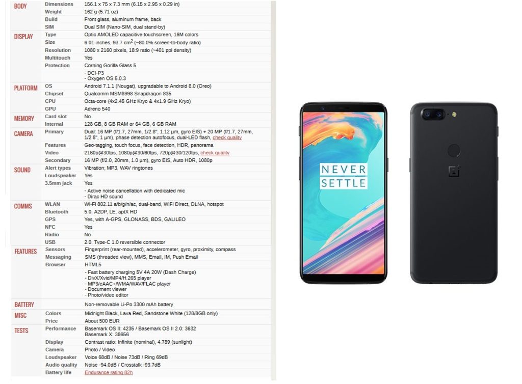 OnePlus 5t - specs - Best Bezel less Phones 2018 - TrendMut - Best Smartphones