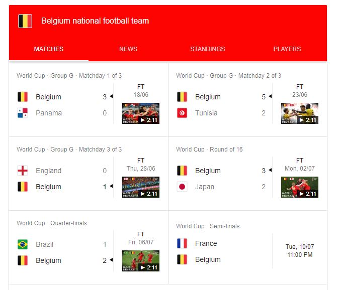 all belgium matches in fifa worldcup 2018